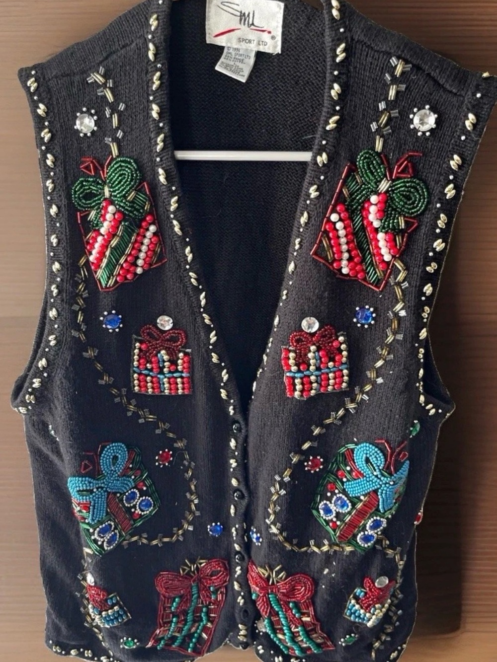 Vtg SML Sport Ltd Christmas Sweater Vest Beaded Present Gift Box Sequins Black L